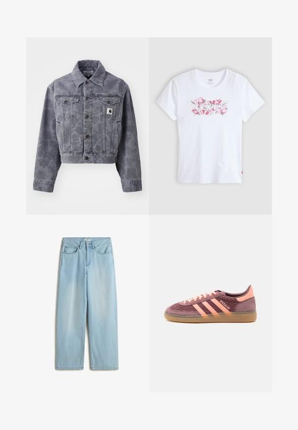 Korte grijze denimjack met een subtiel patroon, gedeeltelijk knopen aan de voorkant, puntige kraag en twee borstzakken met een logo patch.; Witte katoenen T-shirt met een bloemenprint "Levi's" logo in roze, korte mouwen en een ronde hals. Soepele textuur, eenvoudige pasvorm.; Lichtblauwe hoge taille wijde jeans van denim materiaal, met vijf zakken, een rits en subtiele vervaging op de benen.; Low-profile Adidas sneaker in mauve en perzik met gestructureerd bovenwerk, rubberen zool, drie perzikkleurige strepen en "Spezial"-branding aan de zijkant.