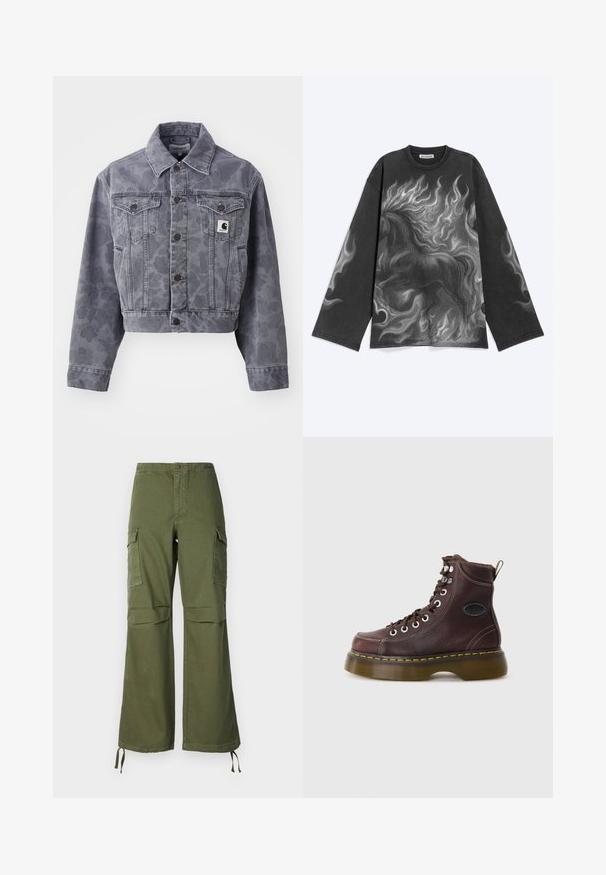 Afskåret grå denimjakke med et subtilt mønster, knaplukning foran, spids krave og to brystlommer med et logo patch.; Sort langærmet skjorte med detaljerede grå flammer og et oprejst hestedesign på forsiden samt flamme-accenter på ærmerne.; Olivengrønne cargo-buksen i bomuld med bred ben-design, to sidelommer og justerbare snore ved kanten.; Brun læder ankelstøvle med tekstureret overflade, sølv øjer og gul syning. Har en kraftig gennemsigtig sål og en trækstrop.