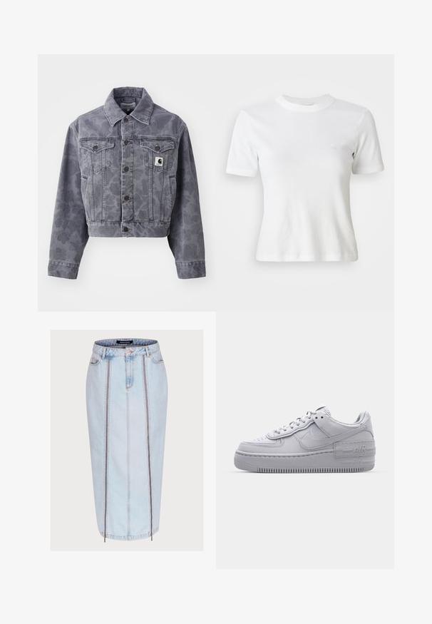 Afskåret grå denimjakke med et subtilt mønster, knaplukning foran, spids krave og to brystlommer med et logo patch.; Hvid ribbet kortærmet T-shirt med rund halsudskæring og et lille logo på brystet. Lavet af blødt stof med en tætsiddende pasform.; Lyseblå denimnederdel med en tætsiddende design, der har to frontlynlåslommer, center sømdetaljer og en længde til midt på læggen.; Grå Nike Air Force 1 sneakers med perforeret tå, glat læderoverdel, tyk sål og præget 'AIR' detalje på hælen.