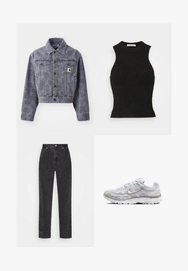 Zkrátená šedá džínsová bunda s jemným vzorom, gombíkovým zapínaním, špicatým golierom a dvoma náprsními vreckami s logom.; DESIGNERS REMIX MANDY TANK - Top - black; Čierne džínsy s rovnými nohavicami a vysokým pásom, s predným zapínaním na gombík a zips, a štýlom s piatimi vreckami na bielom pozadí.; Svetlo šedé športové topánky s vrchom z ďalekého a syntetického materiálu, so šnurovacím uzáverom, polstrovaným golierom a štruktúrovanou podrážkou pre lepšiu priľnavosť.