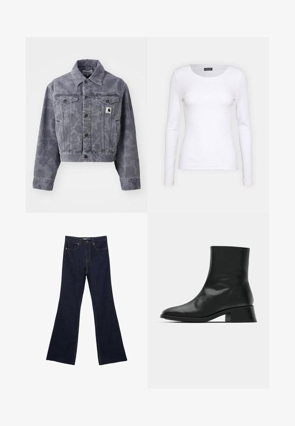 Gekürzte graue Jeansjacke mit subtiler Musterung, knöpfbarem Vorderteil, spitzem Kragen und zwei Brusttaschen mit einem Logopatch.; Weißes geripptes Langarmoberteil mit Rundhalsausschnitt. Aus einem dehnbaren Stoff gefertigt, der den Körper umschmeichelt. Verfügt über dezente horizontale Streifen.; Dunkelblaue Jeans mit ausgestelltem Bein, ausgestattet mit einem klassischen Fünf-Taschen-Design und sichtbaren Nähten. Der Stoff hat eine glatte Textur mit minimalen Verblassungen.; Schwarze Ankle Boots aus glänzendem Leder, mit einem eleganten Design, spitzer Zehenpartie und einem moderaten Blockabsatz für Stabilität.