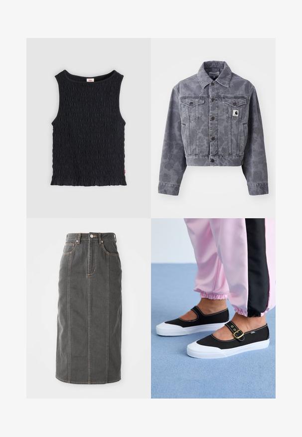 Veste en denim grise, coupée, avec un motif subtil, fermeture boutonnée à l'avant, col pointu et deux poches poitrine avec un patch logo.; Haut noir sans manches avec tissu froncé texturé, encolure ronde et ourlet subtilement volanté.; Jupe midi en denim gris avec une coupe droite, cinq poches et des coutures orange le long des bords. Elle dispose d'une fermeture à boutons sur le devant et de passants de ceinture.; Baskets noires en toile avec une semelle blanche, présentant un design découpé et une sangle en boucle dorée. Portées avec un pantalon de survêtement rose.