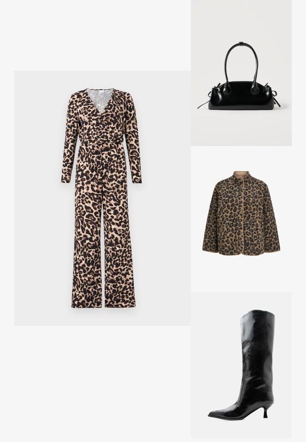 Brun og sort leopardprintet fleecejakke med trykknapper, ståkrave, lange ærmer og to forlommer.; Jumpsuit med leopardprint, lange ærmer og omslagdesign. Fremstillet af blødt stof, med en beige baggrund og sorte accenter.; Sort skinnende knæhøj læderstøvle med spids tå og lav buet hæl på en ensfarvet lys baggrund.; Lille sort blank håndtaske med to lange håndtag og snøre-detaljer i siden på en ensfarvet lys baggrund.