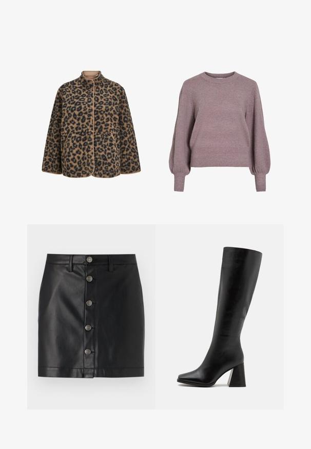 Brun og sort leopardprintet fleecejakke med trykknapper, ståkrave, lange ærmer og to forlommer.; Strikket pullover i blød lilla med rund hals, lange ballonærmer og ribkant i nederkant og ved ærmerne for en struktureret finish.; Sort læderskirt med tætsiddende design, der har fem sølvfarvede metalknapper ned foran og en lige kant. Glat tekstur.; Sort knæhøje støvler lavet af glat læder, med firkantet tå og en kraftig, tekstureret hæl. Simpelt og strømlinet design.