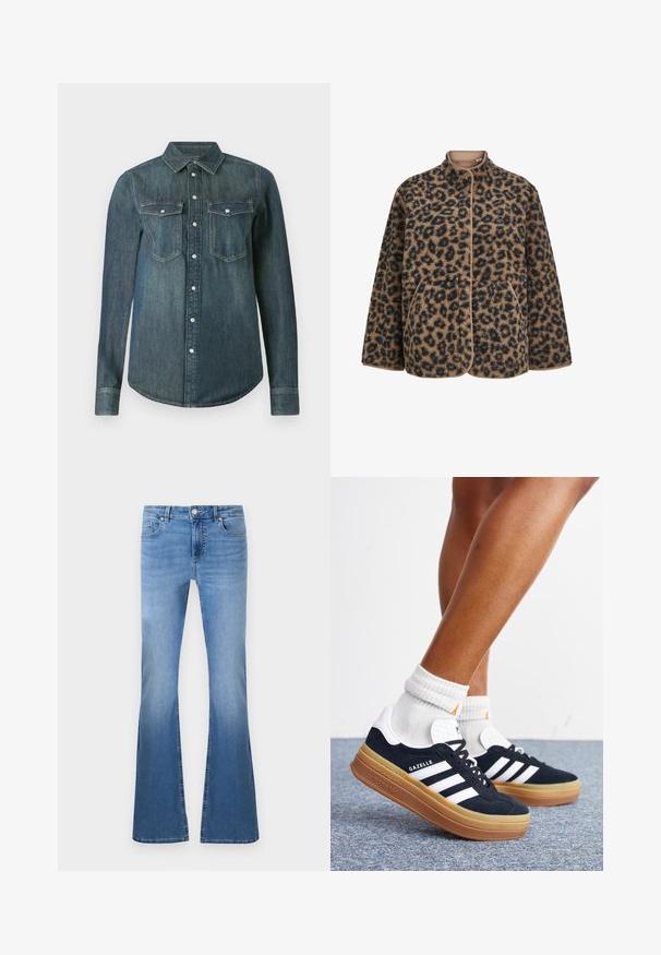 Veste en polaire à imprimé léopard marron et noir avec boutons-pression, col montant, manches longues et deux poches frontales.; Chemise en denim bleu foncé à manches longues, boutonnée sur le devant avec deux poches poitrine à rabats et boutons.; Jeans évasés bleu clair avec une finition délavée, dotés d'une fermeture à bouton et à glissière à l'avant, de cinq poches et de détails de couture visibles.; Jambes portant des chaussettes blanches et des baskets Adidas Gazelle noires avec des bandes blanches et des semelles épaisses marron sur un sol recouvert de moquette grise.