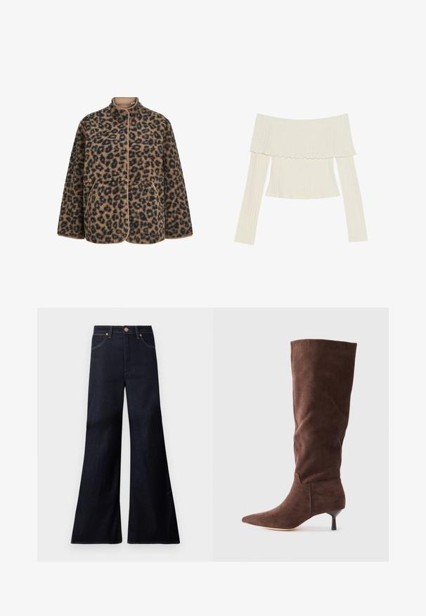 Braune und schwarze Fleecejacke mit Leopardenmuster, Druckknöpfen, Stehkragen, langen Ärmeln und zwei Vorderseiten-Taschen.; Cremfarbener, schulterfreier Rippentop mit Rüschensaum und langen Ärmeln in einer taillierten Silhouette. Insgesamt glatte Textur.; Dunkel indigoblaue High-Waist Jeans mit weitem ausgestelltem Bein, vorderem Knopf, Reißverschluss und zwei vorderen Taschen mit Kupfernieten.; Braune Wildleder-Stiefel in Kniehöhe mit spitzem Zehenbereich, schlankem Absatz und glatter Textur; zeichnet sich durch ein tailliertes Design und minimalistische Schneiderkunst aus.