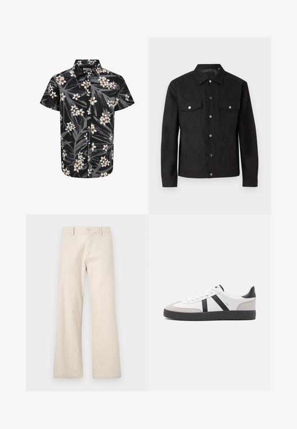 Chaqueta de ante negro con cierre de botones en la parte delantera, dos bolsillos en el pecho y botones a presión de metal. Presenta un cuello clásico y una textura suave.; Camisa de manga corta en tela negra, con un estampado floral de flores blancas y hojas grises, diseño abotonado y un cuello clásico.; Pantalones de pierna ancha beige, confeccionados en una tela ligera, con cierre de botón y bolsillos delanteros, con un acabado suave y sin textura.; Zapatilla blanca con acentos en negro y gris, que presenta una puntera texturizada en gris, suela de goma negra y cordones planos blancos. Diseño limpio, estilo minimalista.