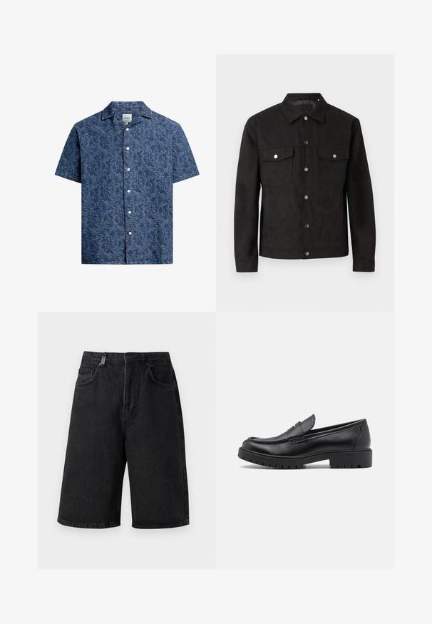 Veste en suede noire avec un devant boutonné, deux poches sur la poitrine et des boutons-pression en métal. Caractéristiques : un col classique et une texture lisse.; Chemise à manches courtes en tissu texturé bleu foncé avec un motif subtil et un col classique. Présente des boutons blancs sur le devant.; Shorts en denim noir avec une coupe ample, une taille mi-haute, cinq poches et des passants de ceinture. Le tissu a une texture lisse et des détails de couture subtils.; Mocassins en cuir noir avec un bout arrondi, un design à enfiler et une semelle en caoutchouc épaisse avec une texture antidérapante. Talon surélevé et détails de surpiqûre subtils.