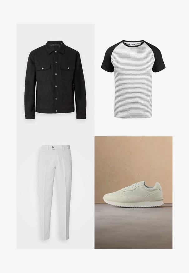 Sort ruskindjakke med knaplukning, to brystlommer og metaltrykknapper. Har en klassisk krave og en glat tekstur.; Solid SDSTEN STRIPED - T-shirts print - black; Lys grå bukser lavet af tekstureret stof, med knaplukning, flad front og smalle ben for en strømlinet pasform.; Kremfarvet sneaker med snøredesign, tyk sål og tekstureret ydersål, svævende over en beige tæppe- og sofabaggrund.