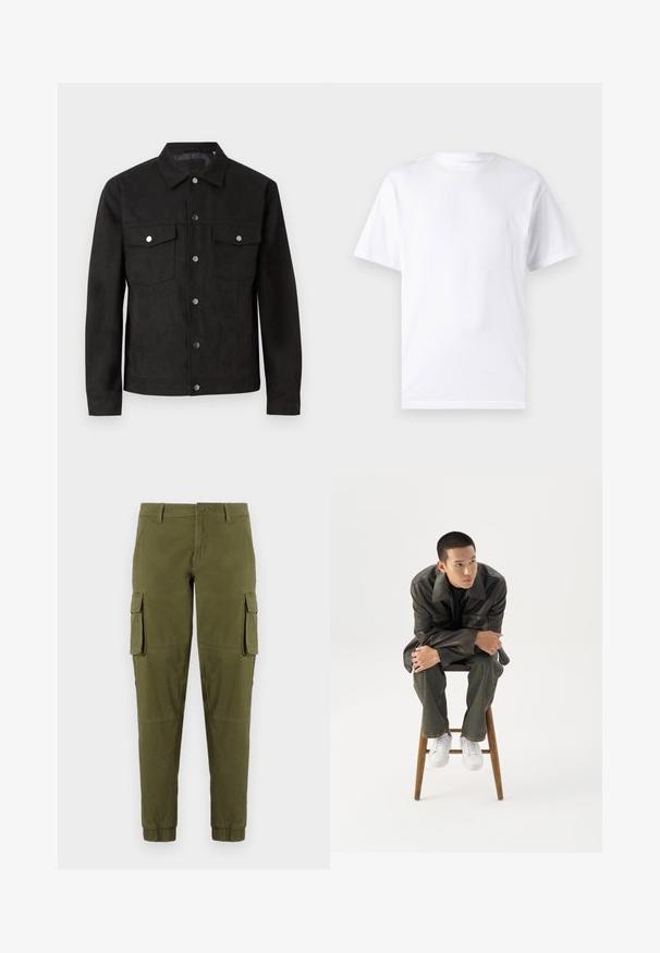 Sort ruskindjakke med knaplukning, to brystlommer og metaltrykknapper. Har en klassisk krave og en glat tekstur.; Hvid kortærmet t-shirt lavet af bomuld med rund hals, der har en glat tekstur og et simpelt design uden mønstre eller accenter.; Olivengrønne cargo-bukser med elastiske manchetter, der har to sidelommer, en frontlukning med knap og et glat, let materiale.; Ung mand i mørk læderjakke og jeans sidder på en træskammel, læner sig fremad med armene krydset og kigger til siden mod hvid baggrund.