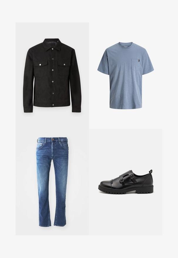 Zwarte suede jas met een knoopsluiting aan de voorkant, twee borstzakken en metalen drukknoopjes. Beschikt over een klassieke kraag en een gladde textuur.; Blauw katoenen T-shirt met een ronde hals en korte mouwen. Voorzien van een zakje op de linkerborst en een gestructureerde afwerking.; Donkerblauwe spijkerbroek met een rechte pijpdesign, voorzien van vijf zakken, een bruine knoopsluiting en subtiele lichte vervaging op de bovenbenen.; Pier One Zakelijke loafers - black