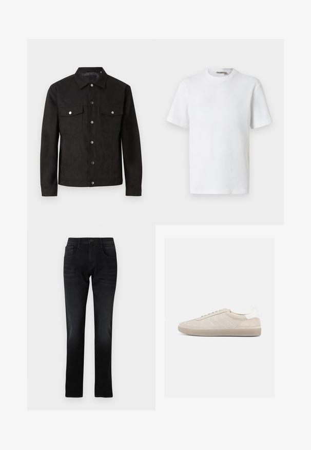 Zwarte suede jas met een knoopsluiting aan de voorkant, twee borstzakken en metalen drukknoopjes. Beschikt over een klassieke kraag en een gladde textuur.; Wit T-shirt met korte mouwen, wafelstructuur en ronde hals, met een klein merkembleem aan de binnenkant van de kraag, afgebeeld op een effen achtergrond.; Zwarte spijkerbroek met een rechte snit, voorzakken en een enkele knoopsluiting. Bevat subtiele vervaging en stikseldetails.; Beige suède sneaker met een gestructureerd bovenwerk, een gladde witte hielkap, dunne veters en een rubberen buitenzool. Heeft een slank, laag profiel.