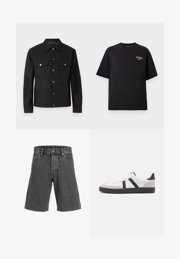 Sort ruskindjakke med knaplukning, to brystlommer og metaltrykknapper. Har en klassisk krave og en glat tekstur.; Sort bomuld t-shirt med en afslappet pasform, korte ærmer og et rødt broderet logo på venstre brystområde. Glat tekstur, rund hals.; Sorte denimshorts med en afslappet pasform, der har en knaplukning, to forlommer og et diskret falmet mønster. Klassisk fem-lomme design.; Hvide sneakers med sorte og grå detaljer, med en tekstureret grå tåhætte, sort gummisål og flade hvide snørebånd. Rent design, minimalistisk stil.