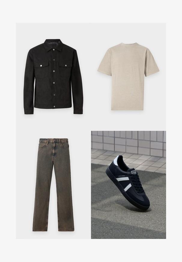 Zwarte suede jas met een knoopsluiting aan de voorkant, twee borstzakken en metalen drukknoopjes. Beschikt over een klassieke kraag en een gladde textuur.; Korte mouwen t-shirt in licht beige met een ronde hals, gemaakt van zacht materiaal, met een gladde textuur en een eenvoudig ontwerp zonder graphics.; Bruine gewaste jeans met rechte pijpen, voorzakken, knoopsluiting en riemlussen, weergegeven tegen een witte achtergrond.; Zwarte leren sneaker met witte strepen, een gestructureerde rubberen zool en vetersluiting aan de voorkant. Voorzien van een merklabel op de tong.