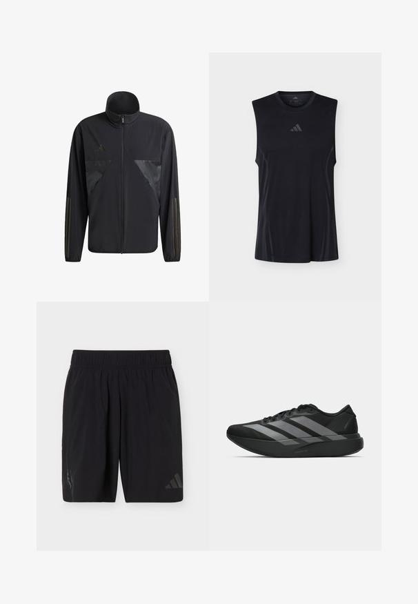 Zwarte jas met een hoge kraag, ritsluiting en contrasterende glanzende panelen op de borst en mouwen, gemaakt van een textuurstof.; Zwarte mouwloze sportshirt met subtiele mesh zijpanelen en een klein Adidas-logo gecentreerd onder de ronde halslijn.; Zwarte sportshorts met elastische tailleband, voorzien van een subtiel Adidas-logo op het rechterbeen en het teamembleem op het linkerbeen.; Zwarte sportieve schoenen met een lichtgewicht ontwerp, voorzien van drie opvallende grijze strepen, een gladde textuur en een gevormde zool.
