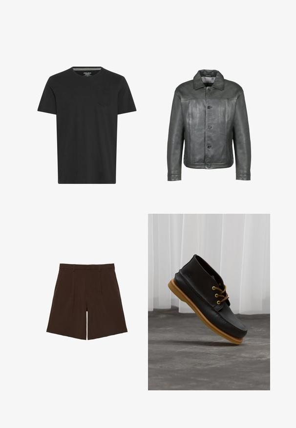 Grå læderjakke med knaplukning foran, flad krave og to brystlommer. Glat tekstur og skræddersyet design med minimal detaljering.; Sort kortærmet T-shirt lavet af bomuld. Har en rund hals og en lille lomme på venstre bryst. Glat tekstur og simpelt design.; Mørkebrune knælange skræddersyede shorts med bæltestropper og forreste læg, vist fladt på hvid baggrund.; Sorte lædersko med en glat overflade, rund tå, brune snørebånd og lysebrune gummisåler. Logo præget på siden.