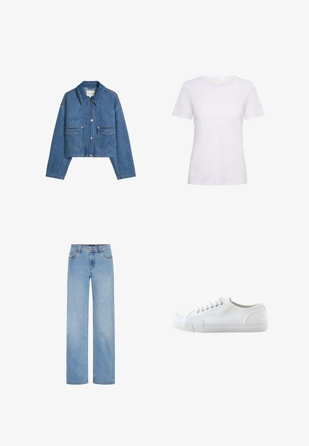 Blå denimjakke med lange ærmer, krave, knapper foran og to klaplommer foran, lagt fladt på en hvid baggrund.; Hvid kortærmet t-shirt lavet af blødt, letvægtsstof. Har en rund halsudskæring og en glat tekstur med en let glans.; Lys blå, vide jeans lavet af denim. Har en standard talje, forlommer og en lynlås med knaplukning.; Hvid lavtop lærredsneaker med hvide snørebånd og gummisål, vist fra siden på en hvid baggrund.