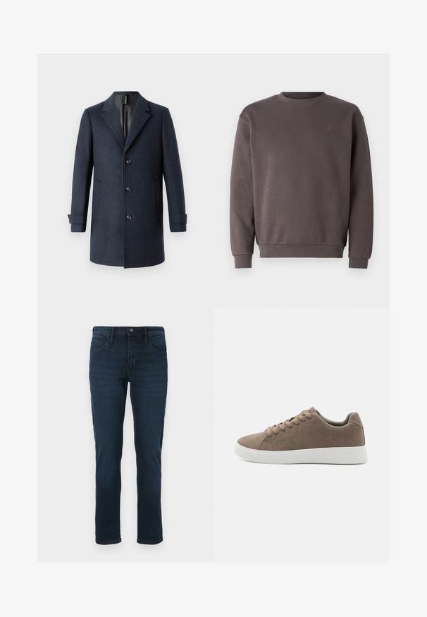 TOM TAILOR CLASSIC COAT - Klassischer Mantel - blue; Grauer Baumwoll-Sweatshirt mit rundem Ausschnitt, gerippten Bündchen und Saum. Mit kleinem, tonal gehaltenem Logo auf der Brust. Weicher Stoff.; Dunkelblaue Denim-Jeans mit geradem Bein, fünf Taschen, einem Knopfverschluss und dezentem Verblassen an der Vorderseite.; Braune Wildledersneaker mit flachen weißen Gummisohlen, Schnürdesign, abgerundete Zehen und einer glatten Textur. Minimalistischer Stil mit dezenten Nähdetails.