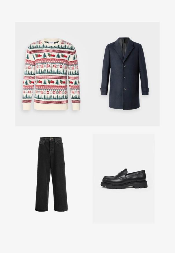 TOM TAILOR CLASSIC COAT - Mantel - blue; Gehaakte trui met een crèmekleurige basis, rode en groene patronen van bomen, vrachtwagens en sneeuwvlokken, met ribgebreide manchetten en zoom.; Zwarte wijde jeans gemaakt van denim stof. Heeft een hoge taille, twee voorklepjes, een knoopsluiting en subtiele stikseldetails.; Zwarte leren loafer met dikke geribbelde zool en pennyriemdetail, getoond in rechter zijprofiel op witte achtergrond.