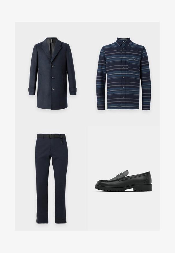 TOM TAILOR CLASSIC COAT - Manteau classique - blue; Chemise à manches longues avec un fond navy et des rayures horizontales bleues variées, un col et une poche sur la poitrine. Texture de tissu douce.; Pantalon bleu marine à coupe droite, réalisé en tissu durable. Doté d'une ceinture noire et d'un design simple sans motifs.; Mocassins en cuir noir à bout arrondi, avec un design cousu, une semelle plateforme basse et une semelle en caoutchouc texturée et crantée.