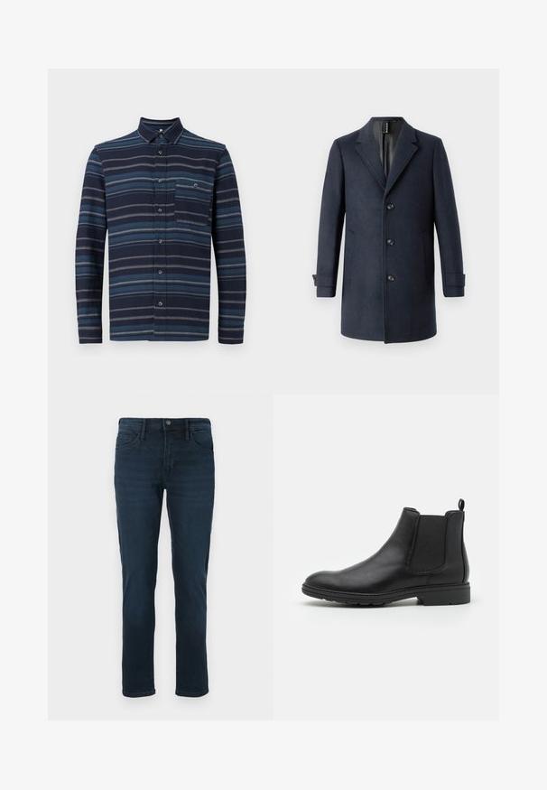 TOM TAILOR CLASSIC COAT - Klasický kabát - blue; Košeľa s dlhým rukávom a gombíkmi, s námorníckym pozadím a rôznymi modrými horizontálnymi pruhmi, s golierom a vreckom na hrudi. Mäkká textúra látky.; Tmavomodré džínsy z denimu so strihom s rovnými nohavicami, s piatimi vreckami, zapínaním na gombík a jemným vyblednutím vpredu.; Čierne kožené Chelsea čižmy s elastickými bočnými panelmi a pútkom, s okrouhlym špičkou a texturovanou gumenou podrážkou.