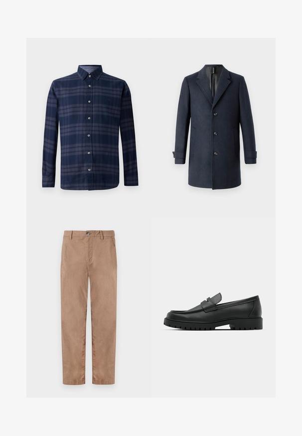 TOM TAILOR CLASSIC COAT - Manteau classique - blue; Chemise à manches longues à carreaux bleu marine avec un devant boutonné et un col pointu, présentée sur fond blanc.; TOM TAILOR REGULAR WASHED - Chino - caribou beige; Mocassins en cuir noir à bout arrondi, avec un design cousu, une semelle plateforme basse et une semelle en caoutchouc texturée et crantée.