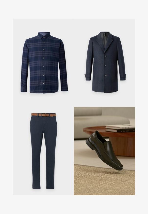 TOM TAILOR CLASSIC COAT - Klasický kabát - blue; Dlhý rukáv, námornícky modrý kockovaný š shirt s gombíkmi vpredu a špicatým golierom, vystavený na bielom pozadí.; Tmavomodré chinos vyrobené z bavlny s hladkou textúrou. Obsahujú hnedý semišový opasok s prackou a rovný strih.; Čierna kožená spoločenská obuv so slip-on dizajnom, vznášajúca sa nad béžovým tkaným koberecom, v pozadí okrúhly drevený konferenčný stolík a naskladané knihy.