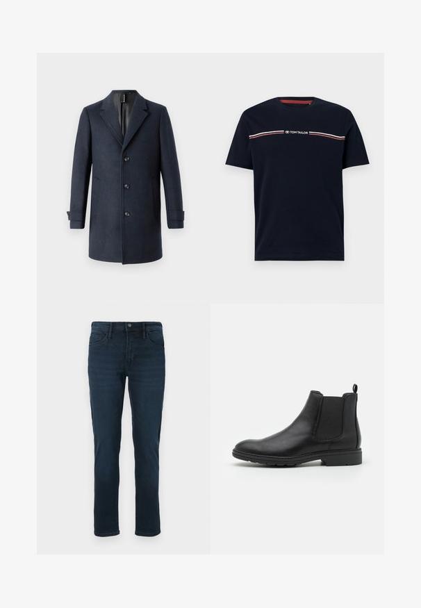 TOM TAILOR CLASSIC COAT - Klasický kabát - blue; Námornícky modré bavlnené tričko s krátkymi rukávmi a okrúhlym výstrihom, s bielym a červeným vodorovným pruhom a logom "TOM TAILOR".; Tmavomodré džínsy z denimu so strihom s rovnými nohavicami, s piatimi vreckami, zapínaním na gombík a jemným vyblednutím vpredu.; Čierne kožené Chelsea čižmy s elastickými bočnými panelmi a pútkom, s okrouhlym špičkou a texturovanou gumenou podrážkou.