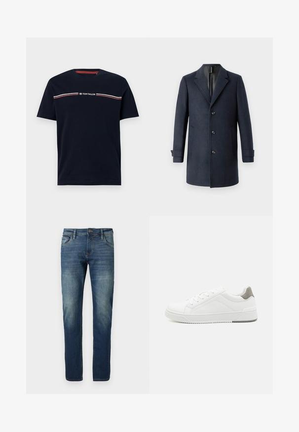TOM TAILOR CLASSIC COAT - Klasický kabát - blue; Námornícky modré bavlnené tričko s krátkymi rukávmi a okrúhlym výstrihom, s bielym a červeným vodorovným pruhom a logom "TOM TAILOR".; Modré denimové džínsy s rovnými nohavicami, vyblednutým predným dielom, kontrastným prešívaním, piatimi vreckami a zapínaním na gombíky.; Biele tenisky z hladkej koženej tkaniny, zaoblenou špičkou, minimalistickým dizajnom, sivým akcentom na päte a textúrovanou gumovou podrážkou.