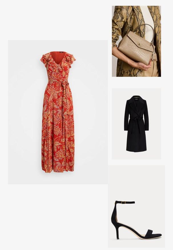 Abrigo negro de lana hasta la rodilla con solapas anchas y cinturón de tela atado a la cintura, mangas largas y corte entallado.; Vestido maxi rojo con flores, que presenta un escote en V, mangas con volantes y una cintura ceñida con cinturón. Fabricado en una tela ligera con un diseño fluido.; Sandalia de tacón alto de ante negro con una fina correa en el tobillo y hebilla dorada, puntera abierta y tacón moderado sobre un fondo blanco liso.; Bolso beige con textura de cocodrilo y logo RLL dorado, sostenido por una persona que lleva una chaqueta marrón con estampado de piel de serpiente y camisa crema.