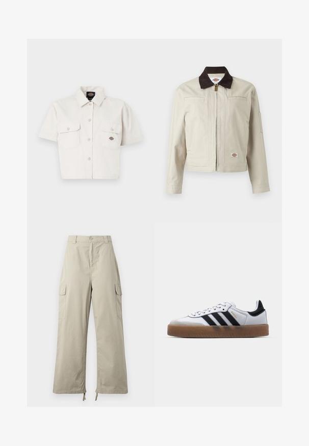 Beige jakke med lynlås, mørkebrun krave, brystlommer og logo på nederste kant, vist mod en ensfarvet baggrund.; Kortærmet, cropped hvid skjorte lavet af bomuld med to brystlommer, knap-lukning foran og et logo-patch på venstre lomme.; Lys beige cargo bukser med en afslappet pasform, der har knaplukning, sidelommer og justerbar kant med snore. Glat stoftekstur.; Hvide lædersneakers med sorte striber, gummirubber sål, rund tå, snørelukning og blød grå ruskinds tåhætte.