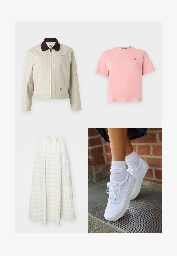 Veste beige à fermeture éclair avec col marron foncé, poches poitrine et écusson logo sur l'ourlet inférieur, présentée sur un fond uni.; T-shirt unisexe à manches courtes rose avec un petit patch logo rectangulaire sur la poitrine gauche, présenté sur un fond uni.; Jupe longue blanche en tissu texturé, avec un motif à carreaux, un design à volants et un lien ajusté à la taille.; Baskets en toile blanches avec semelles en caoutchouc, dotées de six œillets, d'un bout rond et de détails de couture légers, portées avec des chaussettes blanches mi-mollet.