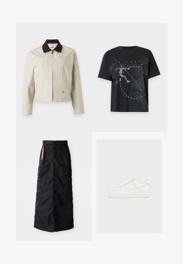 Beige jack met rits en een donkerbruine kraag, borstzakken en een logo patch op de onderzoom, afgebeeld tegen een effen achtergrond.; Zwart Air Jordan t-shirt met een graphic van een basketbalspeler in de lucht en rode "AIR JORDAN" tekst erboven.; Zwarte lange rok met een voorkant met knopen en rits, zij cargo zakken en een rode 'Remove Before Flight' stoffen label op de tailleband.; Witte Nike Air Force 1 sneaker met ingeprente draaiende patronen en een swoosh-logo aan de zijkant, tegen een effen lichte achtergrond.