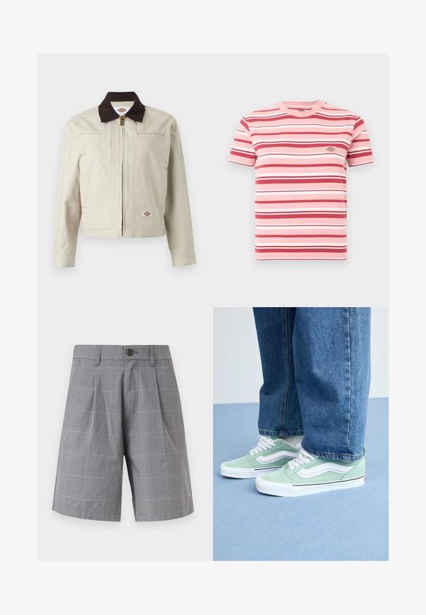 Veste beige à fermeture éclair avec col marron foncé, poches poitrine et écusson logo sur l'ourlet inférieur, présentée sur un fond uni.; T-shirt rose à manches courtes avec des rayures horizontales rouges, blanches et rose clair, et un petit écusson logo sur la poitrine gauche.; Shorts gris sur mesure avec un motif à carreaux subtil, plis avant, passants pour ceinture, poches latérales et une fermeture à bouton noir unique.; Personne portant des sneakers vert clair et blancs avec des lacets blancs et un jean bleu, se tenant sur un sol bleu clair.