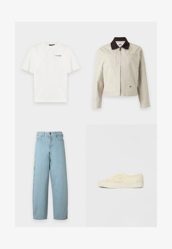 Veste beige à fermeture éclair avec col marron foncé, poches poitrine et écusson logo sur l'ourlet inférieur, présentée sur un fond uni.; T-shirt blanc à manches courtes avec petit logo "Napapijri" sur la poitrine gauche et col rond.; Jean en denim bleu clair à coupe décontractée, jambes droites, design à cinq poches et fermeture par bouton métallique à la taille.; Baskets en toile beige avec un motif à carreaux texturé, bout rond et semelle en caoutchouc blanche. Comprend cinq œillets et des lacets plats.