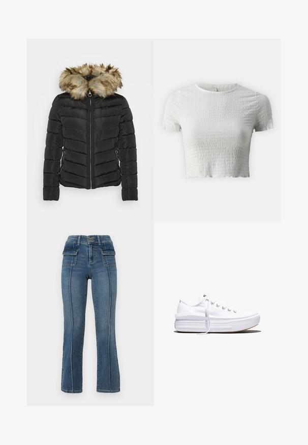 Sort pufferjakke med horisontale syninger, fast hætte med kunstpelskant, frontlynlås og sidelommer med metalliske accenter.; ONLY Petite ONLNADIE - T-shirts basic - cloud dancer; ONLY Petite ONLWAUW MID WAIST FLARED - Flared jeans - medium blue denim; Hvid lavt snørestøvle med tyk plateau-sål, snørelukning foran og gummiforstærket tåkap, set i sideprofil.