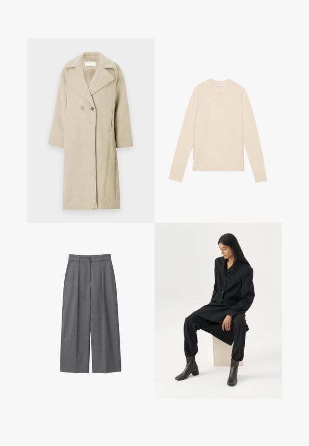 Manteau en mélange de laine beige avec un col à revers, des boutons double-breasted et des manches mi-longues. Texture lisse avec une coupe droite.; Pull en laine beige clair avec un col rond, des manches longues et des bords côtes au niveau des poignets et de l'ourlet. Texture douce, design minimal, pas de motifs ou d'accents visibles.; Pantalons larges gris en tissu lisse, dotés d'une taille haute, de plis, d'une fermeture à bouton et de poches latérales. Design minimaliste.; Femme aux longs cheveux foncés assise, portant un blazer noir ample, un pantalon large assorti et des bottines foncées, sur un fond blanc uni.