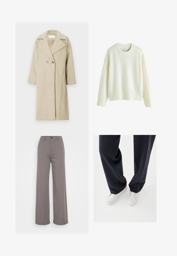 Beige uldblandingsfrakke med klapkrave, dobbeltradede knapper og mellemlange ærmer. Glat tekstur med lige snit.; Kremfarvet strikket sweater med ribstrikkede manchetter og kant, med rund halsudskæring og afslappet pasform. Blød tekstur, minimalistisk design, ingen mønstre.; Bredde bukser i et blødt gråt stof. Har en knaplukning og rene sømme. Glat tekstur uden synlige mønstre eller udsmykninger.; Hvide sneakers med teksturerede gummisåler og flade snørebånd, kombineret med mørkeblå bukser i løs, glat stof og skræddersyet pasform.