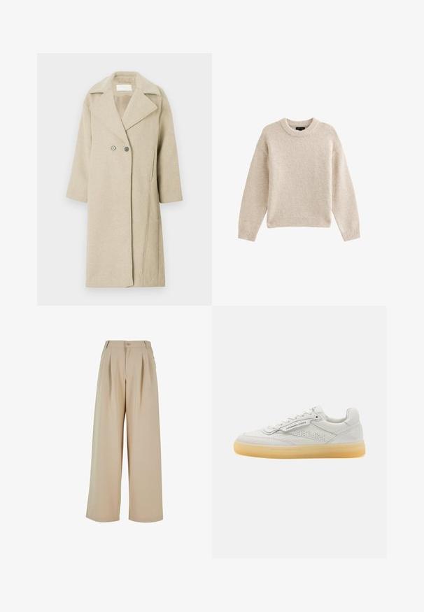 Abrigo de mezcla de lana beige con cuello muesca, botones de doble botonadura y mangas de longitud media. Textura suave con un corte recto.; Jersey de punto beige con cuello redondo, mangas largas y dobladillo acanalado. Tela texturizada con una apariencia suave. Diseño simple y versátil.; Pantalones de pierna ancha beige con pliegues en la parte delantera, cierre de botón y una textura suave. Presenta una cinturilla entallada y bolsillos laterales.; Zapatilla de cuero blanca con acentos perforados, punta redonda y suela de goma crema. Presenta costuras tonales y un diseño minimalista.