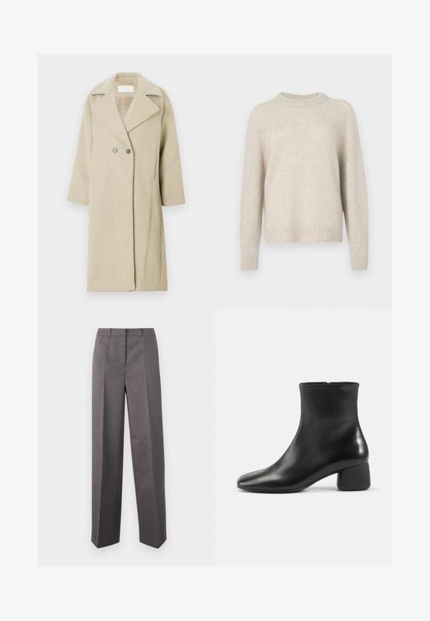 Manteau en mélange de laine beige avec un col à revers, des boutons double-breasted et des manches mi-longues. Texture lisse avec une coupe droite.; Pull en tricot beige avec un col rond, des manches raglan et un ourlet côtelé. Texture douce avec une coupe légèrement ample et un motif minimal.; Pantalon tailleur gris en tissu texturé, avec une coupe droite, un devant plat et des passants de ceinture.; Bottine en cuir noir avec bout carré arrondi, fermeture éclair latérale et talon bas épais sur fond clair uni.