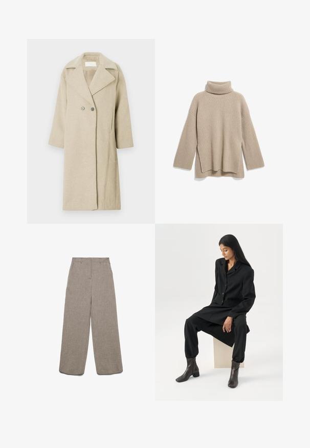 Beige Wolle-Mix-Mantel mit Reverskragen, doppelreihigen Knöpfen und mittellangen Ärmeln. Glatte Textur mit geradem Schnitt.; Beiger gerippter Rollkragenpullover mit lockerer Passform, langen Ärmeln und einem seitlich geschlitzten Saum, aus einem weichen, strukturierten Strickstoff gefertigt.; Beige Leinenhose mit weitem Bein, Gürtelschlaufen und Frontreißverschluss, glatter Vorderseite, auf weißem Hintergrund gezeigt.; Frau mit langen dunklen Haaren sitzt, trägt einen lockeren schwarzen Blazer, passende weite Hosen und dunkle Stiefeletten vor einem schlichten weißen Hintergrund.