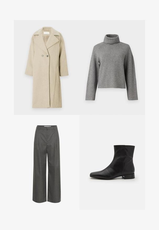 Beige villasegude üleriie, millel on lõikekaelus, topelt-nööpide rida ja keskmise pikkusega varrukad. Sile tekstuur ja sirge lõige.; Object Roll neck - Džemper - medium grey; Hallid hallid laiad püksid tekstureeritud kangast, kõrge vöökohaga ja esiplekkidega, ilma nähtavate taskute või riistvara üksikasjadeta.; Must musta ankle boot terava toe'ga, sileda tekstuuriga, minimaalne disain ja madal ploki konts. Küljel on tõmblukk, mis ulatub üle ankle.