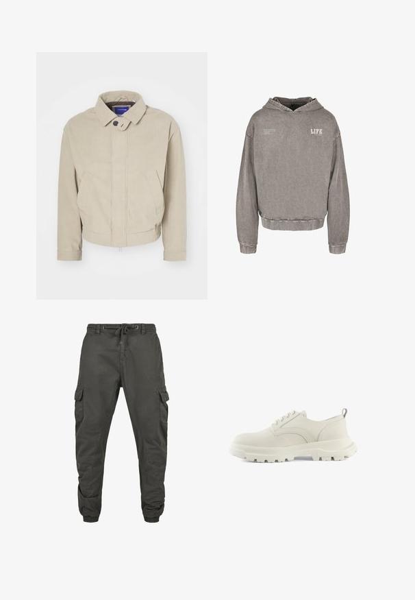 Veste en velours côtelé beige avec un col chemise, fermeture à boutons et poches avant ; présente un tissu texturé et un ourlet court.; Sweatshirt à capuche gris avec manches longues, poignets côtelés et une poche kangourou à l'avant. Le design du texte comprend "LIFE" et des détails imprimés supplémentaires.; Pantalons cargo en coton gris foncé avec une taille élastique, cordon de serrage réglable et plusieurs poches latérales. Poignets élastiques aux chevilles.; Chaussures blanches en cuir à lacets avec une semelle en caoutchouc épaisse et texturée, un bout arrondi et des détails de couture subtils. Comprend une languette à l'arrière.
