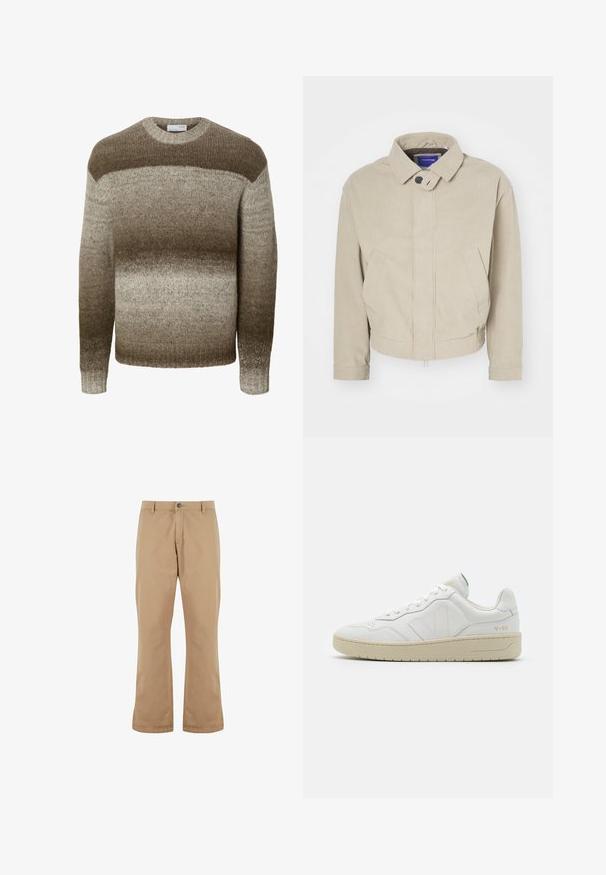 Beige Cordjacke mit Kragen, Knopfverschluss und frontalen Taschen; zeichnet sich durch einen strukturierten Stoff und einen cropped Saum aus.; Langärmeliger Strickpullover mit Rundhalsausschnitt, der horizontale Farbverläufe in Braun- und Beigetönen zeigt.; Beige Baumwollhosen mit geradem Schnitt, ausgestattet mit einem Knopfverschluss, Vordertaschen und einer glatten Textur.; Weiße Leder-Sneaker mit strukturierter Oberfläche und gepolstertem Kragen. Sie verfügen über eine beigen Gummisohle und dezente Markenkennzeichnung an der Ferse und an der Seite.