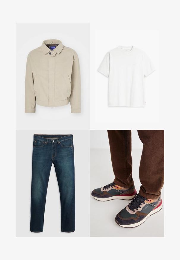Beige Cordjacke mit Kragen, Knopfverschluss und frontalen Taschen; zeichnet sich durch einen strukturierten Stoff und einen cropped Saum aus.; Weißes Baumwoll-T-Shirt mit kurzen Ärmeln, rundem Ausschnitt und einem dezenten "Levi's"-Logo in heller Farbe auf der Vorderseite.; Dunkelblaue Jeans aus Denim mit geradem Bein, fünf Taschen, Kupfersteppung und einem Logo am hinteren Bund. Glatte Textur und klassischer Schnitt.; Sneaker mit einer Mischung aus grauem Mesh, dunkelblauem Wildleder und burgunderfarbenen Akzenten. Verfügt über ein Schnürdesign und auffällige Markenkennzeichnung an der Seite.