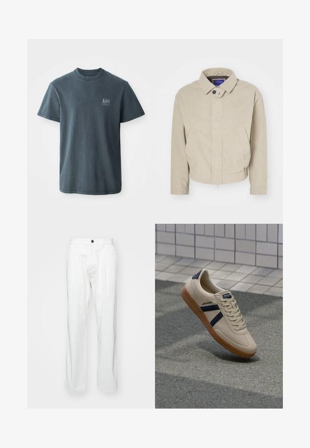 Beige fløjlsjakke med krave, knappelukning og forlommer; har et struktureret stof og en kortet længde.; Mørkegrå bomulds T-shirt med rund hals, korte ærmer og et lille trykt logo på venstre side. Klassisk pasform med lige kant.; Hvide bomuldsbukser med en afslappet pasform, der har knaplukning, to frontfoldninger og sidelommer. Glat tekstur, ingen mønstre.; Beige sneaker med struktureret overflade, marineblå striber og gummisål. Har en polstret tunge og traditionelt snørresystem for en sikker pasform.