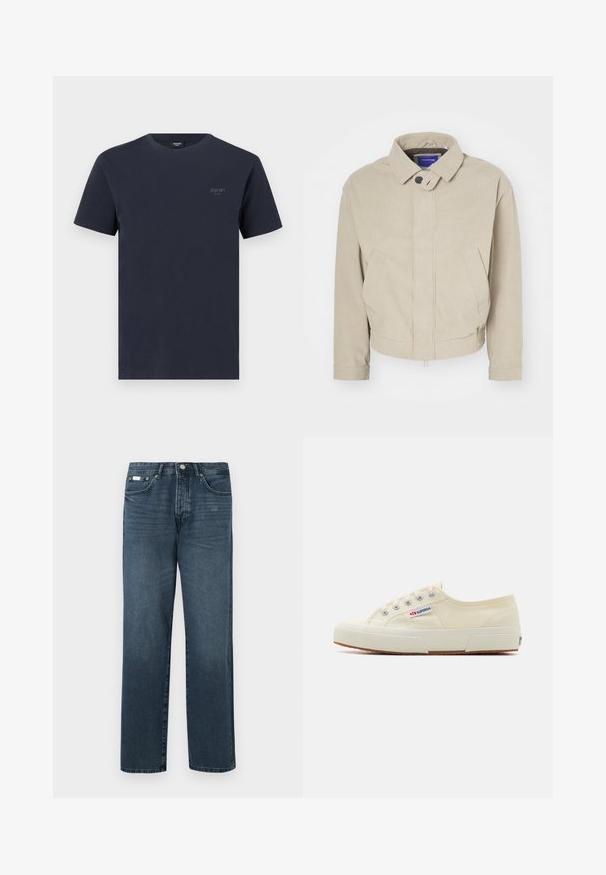 Beige Cordjacke mit Kragen, Knopfverschluss und frontalen Taschen; zeichnet sich durch einen strukturierten Stoff und einen cropped Saum aus.; Marineblaues Baumwoll-T-Shirt mit Rundhalsausschnitt, kurzen Ärmeln und einem kleinen, grauen Markenlogo auf der linken Brust. Angenehme Textur.; Dunkelblaue Jeans aus Denim mit geradem Schnitt, fünf Taschen, Gürtelschlaufen und Reißverschluss. Glatte Textur mit dezenten Ausbleichungen.; Beige Leinen-Sneaker mit niedrigem Profil, Metallösen und Gummisohle. Mit einem strukturierten Muster und einem Logodetail an der Seite.
