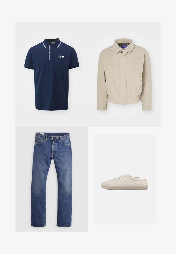 Beige corduroy takki, jossa on kauluskääntö, nappisulku ja etutaskut; siinä on teksturoitu kangas ja lyhyt helma.; Tummansininen polo-paita, jossa on valkoinen kaulus ja hihasaumojen korostukset. Etupuolella on "RedBull Racing" -logo valkoisena. Valmistettu mukavasta puuvillakankaasta.; Siniset suoralahkeiset farkut, klassinen viiden taskun malli ja napillinen vetoketju yksivärisellä taustalla.; Beigen värinen mokkanahkainen lenkkarit, joiden päällisessä on tekstuuri, sileä valkoinen kantakappale, ohuet nauhat ja kumipohja. Ominaisuuksina matala profiili.