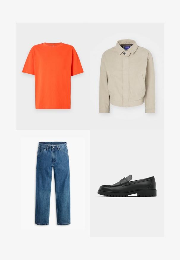 Beige Cordjacke mit Kragen, Knopfverschluss und frontalen Taschen; zeichnet sich durch einen strukturierten Stoff und einen cropped Saum aus.; Hellorange T-Shirt mit kurzen Ärmeln und Rundhals, leger geschnitten, gezeigt vor einem schlichten hellen Hintergrund.; Blaue Jeans mit geradem Bein, Vordertaschen, Gürtelschlaufen, Metallknopf und Reißverschluss auf weißem Hintergrund.; Schwarze Lederloafer mit runder Zehenform, ausgestattet mit einem gesteppten Design, niedrigem Plattformsohle und einer strukturierten, genoppten Gummisohle.