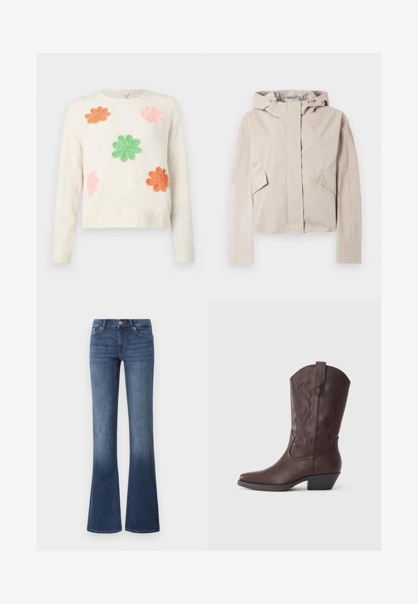 Veste courte beige clair avec capuche, dotée d'une fermeture éclair à l'avant, de deux poches latérales inclinées et d'un matériau à texture lisse.; Pull crème avec cinq fleurs brodées en rose, orange et vert. Poignets et ourlet côtelés. Texture douce avec une coupe décontractée.; Jeans évasés en denim de couleur bleue, avec un lavage moyen, cinq poches et une fermeture éclair avec un bouton. Texture lisse.; Botte de cowboy en cuir marron avec un bout pointu, des coutures décoratives sur la tige et un talon bas empilé. Texture lisse et design courbé.